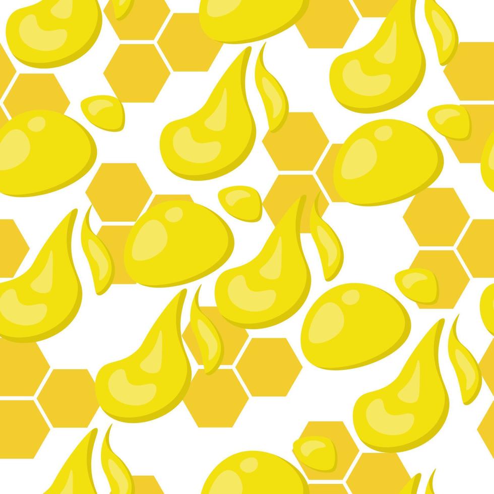 Panales y gotas de miel de patrones sin fisuras, elementos de color amarillo brillante sobre un fondo blanco. vector