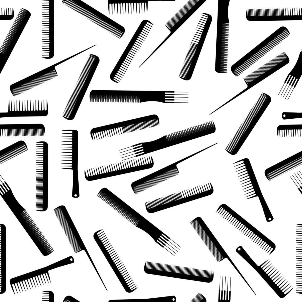 Seamless pattern of silhouettes of combs of various types, hairdressing tools on a white background vector