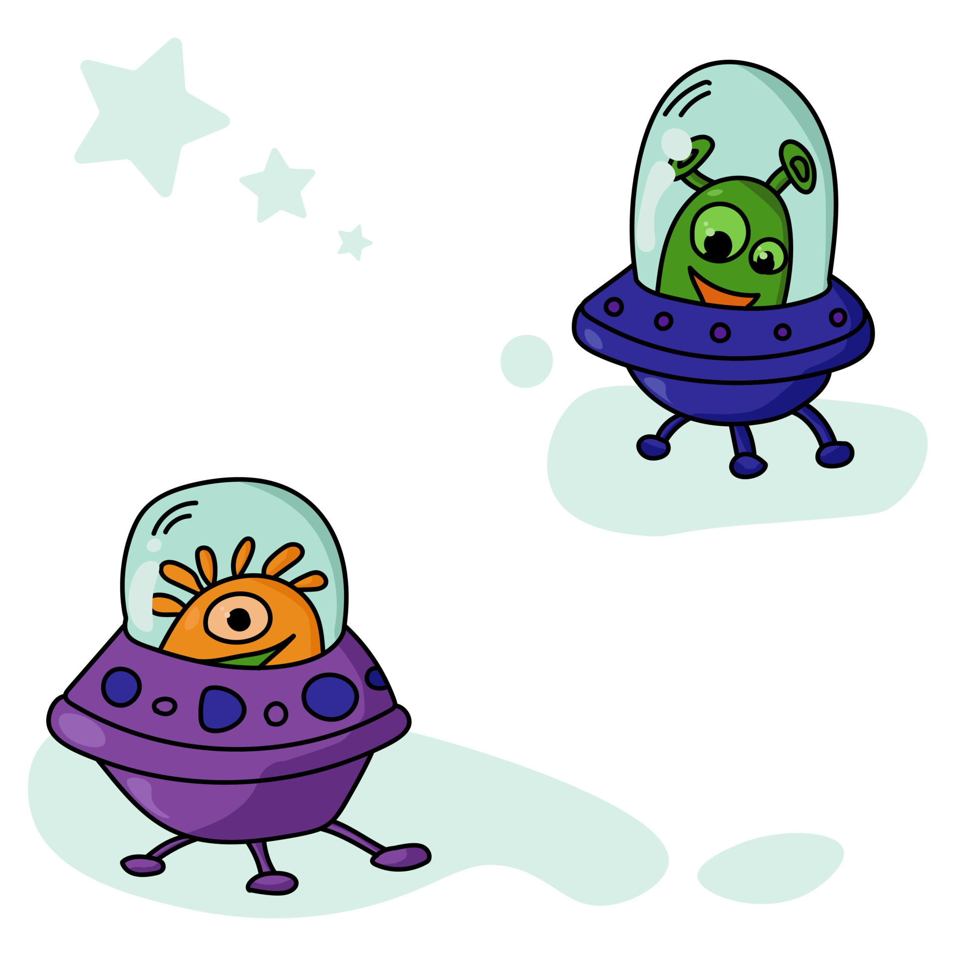 Funny cartoon aliens in spaceships, UFO characters for a postcard or poster  3570125 Vector Art at Vecteezy