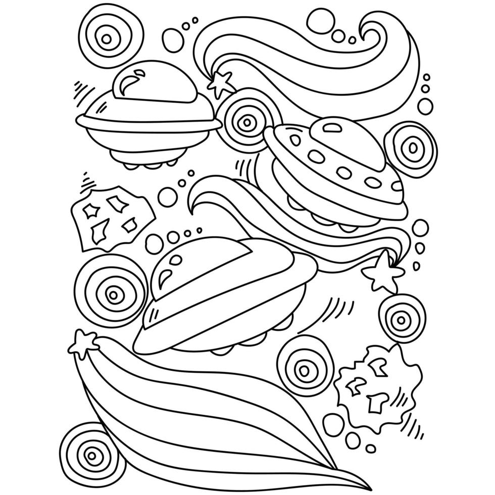 Fantasy UFO in open space, coloring page with various space objects vector