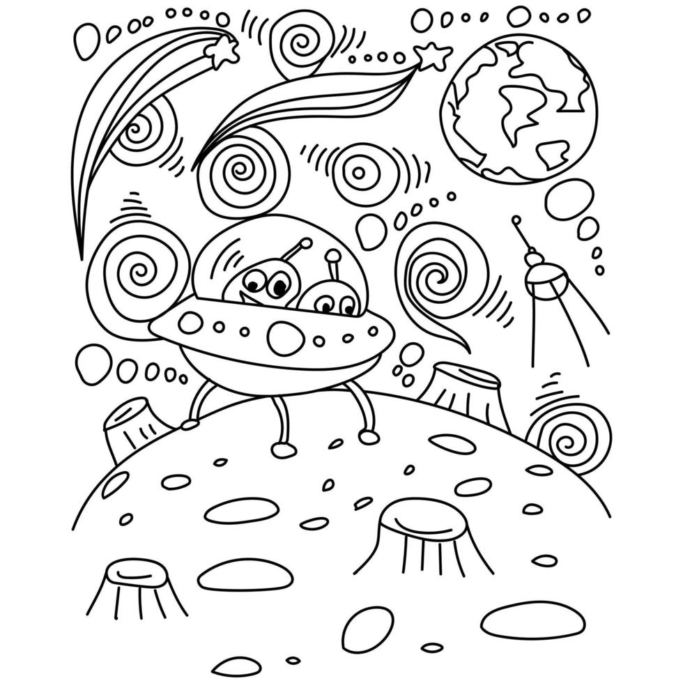 UFO coloring page with spaceship, asteroid and open space, fantasy outline illustration with aliens vector