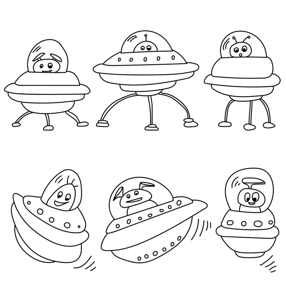 Aliens and spaceships outline set, coloring page with positive extraterrestrial characters vector