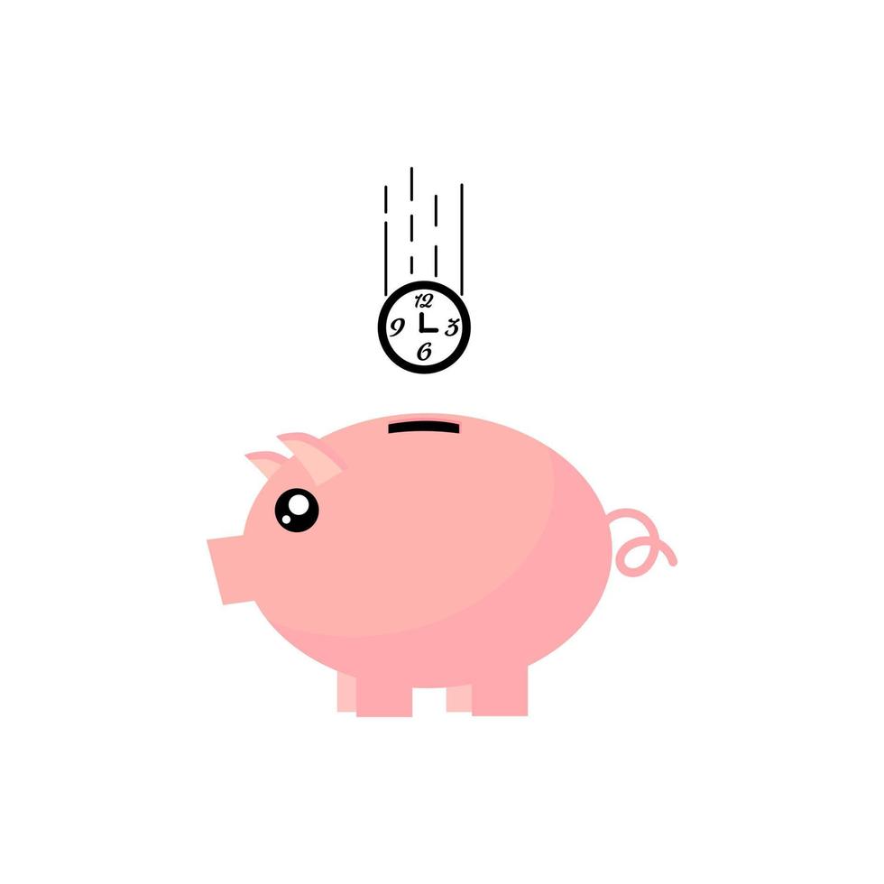 Time is money concept. Clock falling in piggy bank. vector