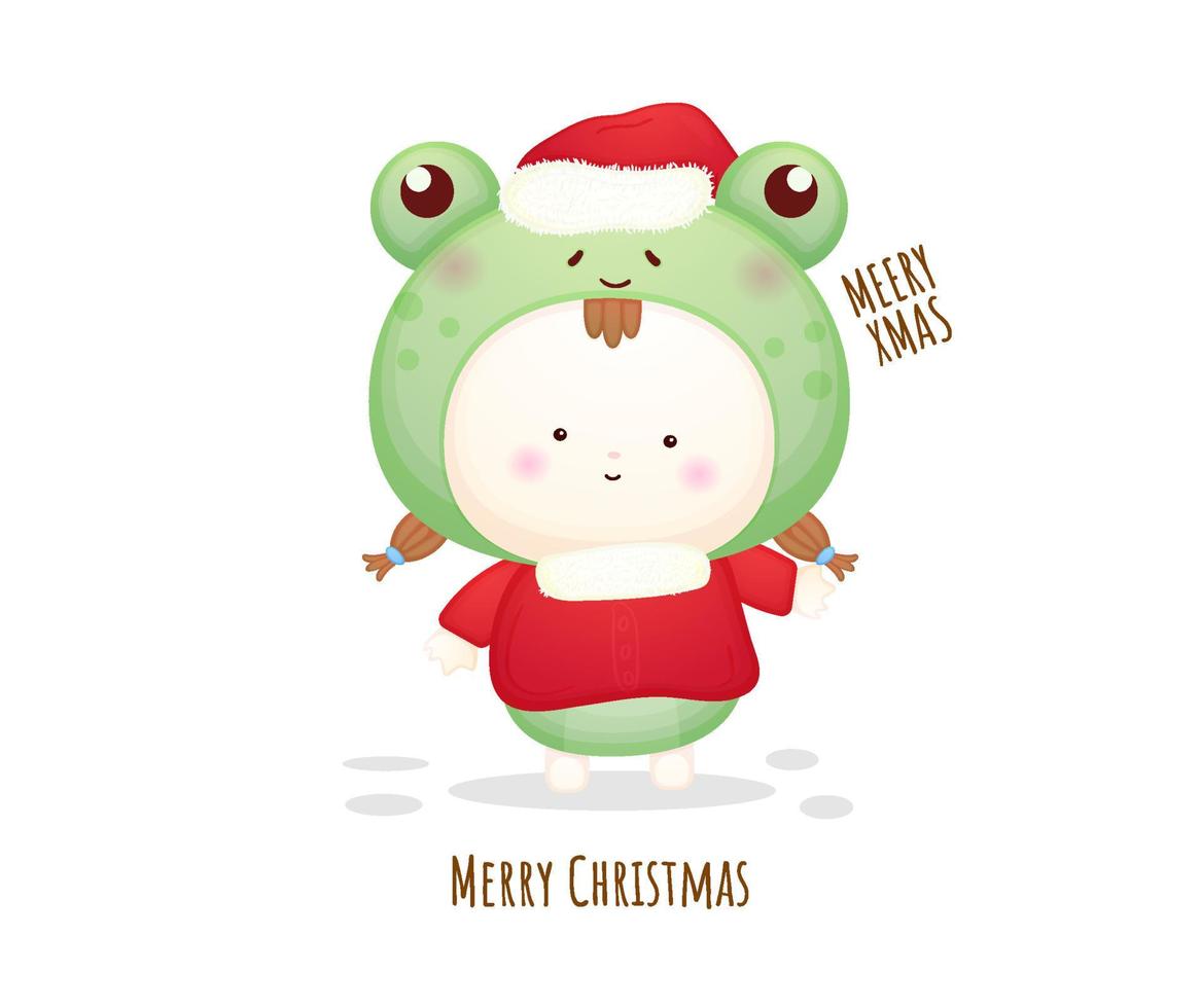 Cute baby in costume with santa hat for merry christmas illustration Premium Vector