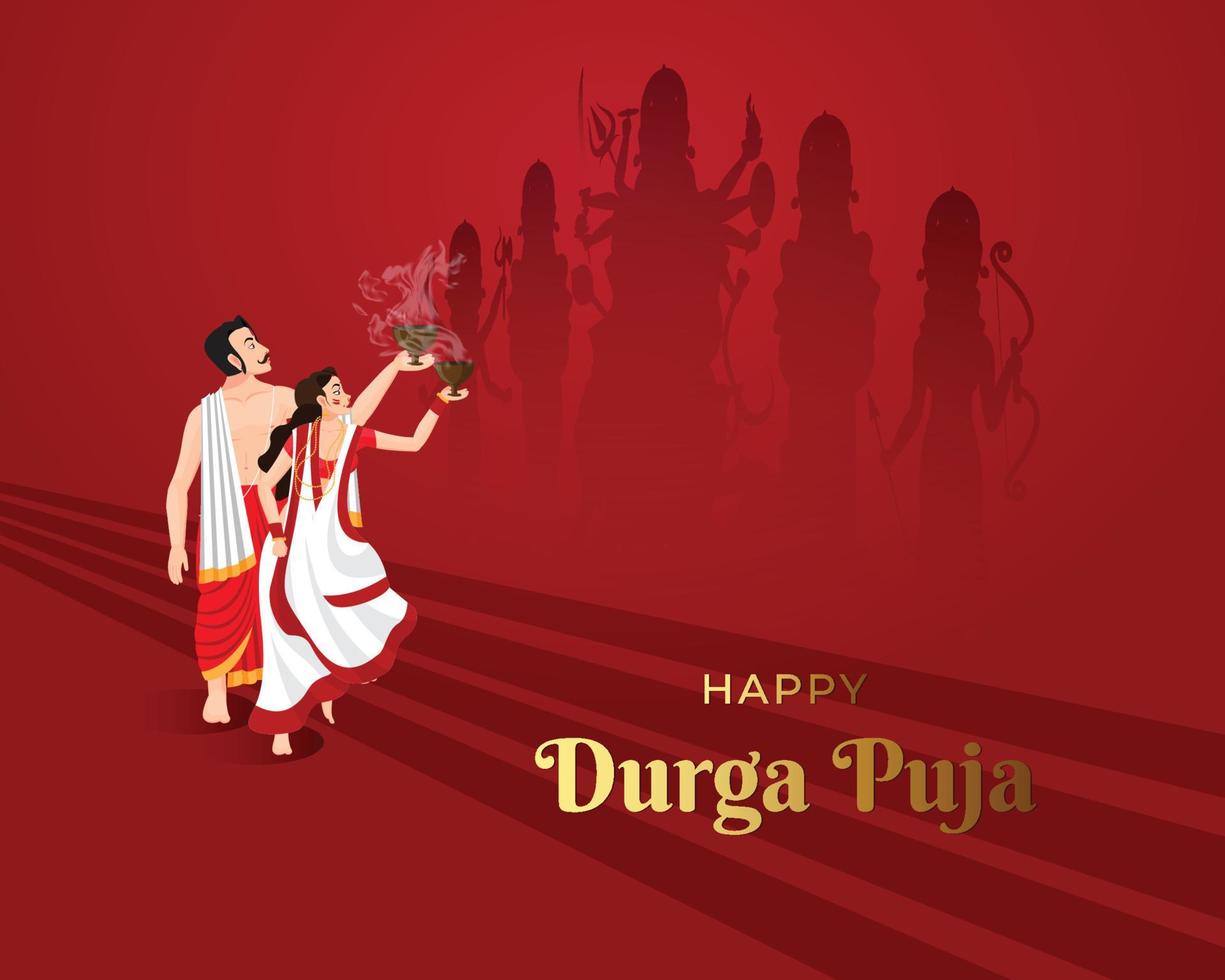 illustration of Couple performing Dhunuchi dance in Durga puja Bengal vector