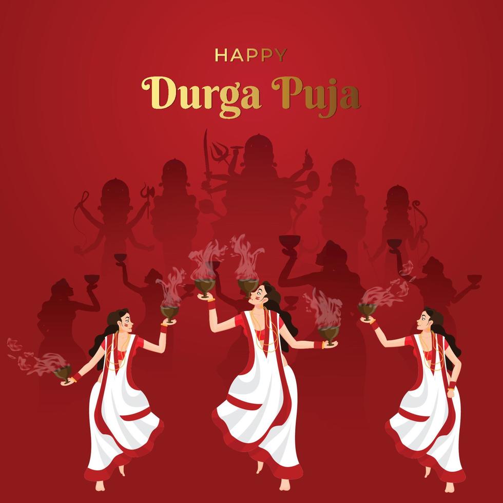 illustration of ladies dancing with dhunuchi for Happy Durga Puja, subh navratri vector