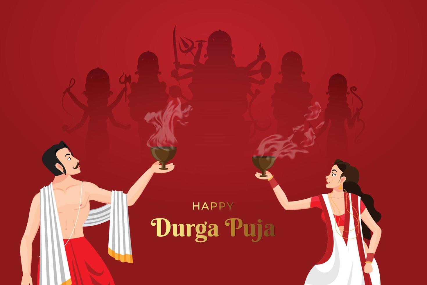 Pareja realizando danza dhunuchi en Durga Puja con Maa Durga en segundo plano. vector