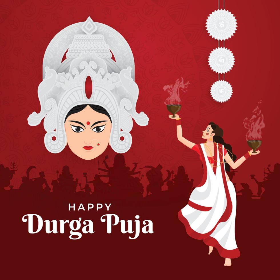 Ilustración de la dama que realiza la danza dhunchi en happy durga puja subh navratri subho bijoya happy dussehra background vector