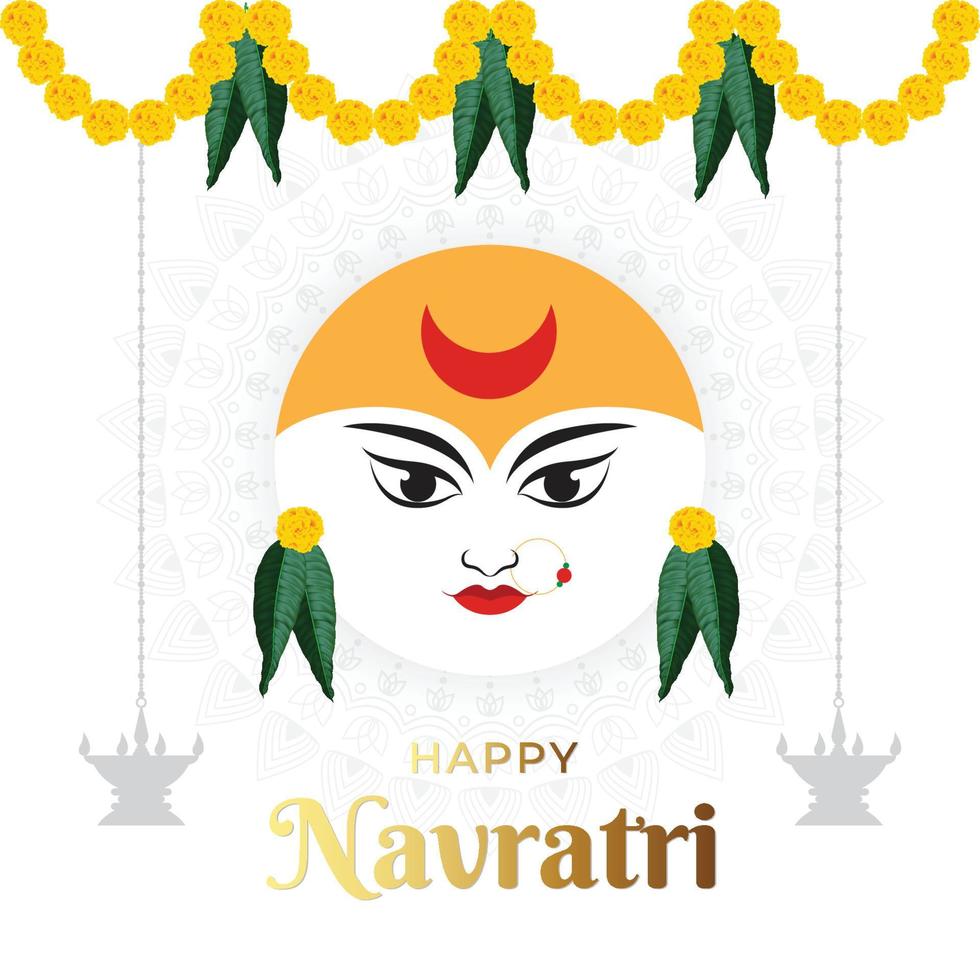 Happy Navratri, Goddess Durga Face in Happy Durga Puja Subh Navratri with mandala in background vector