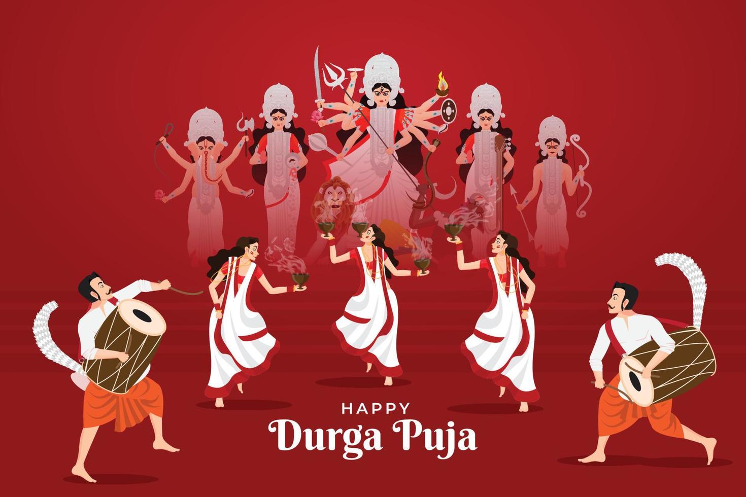 Ilustración vectorial de damas bailando con dhunuchi y hombres jugando dhak para happy durga puja vector
