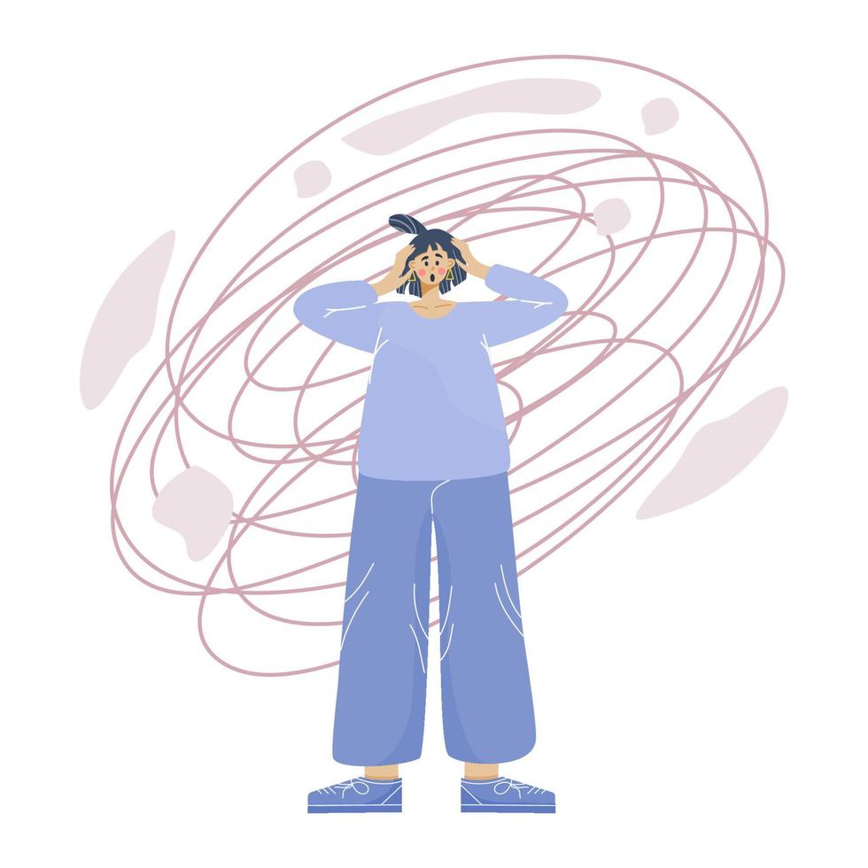 The concept of anxiety disorder and depression, girl in a pool is isolated on a white background. Mental and psychological health. Vector illustration in the flat style.