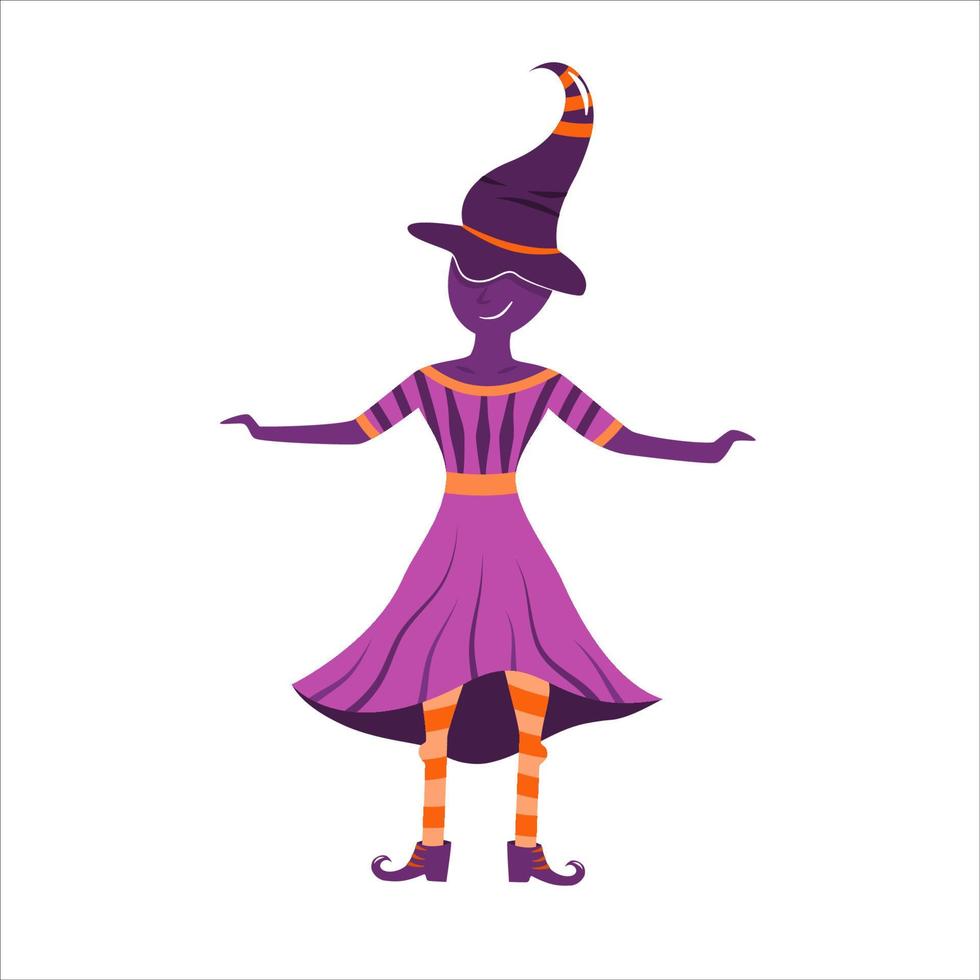 The witch for the Halloween holiday is isolated on a white background. A witch hat in purple flowers. Vector illustration in cartoon style
