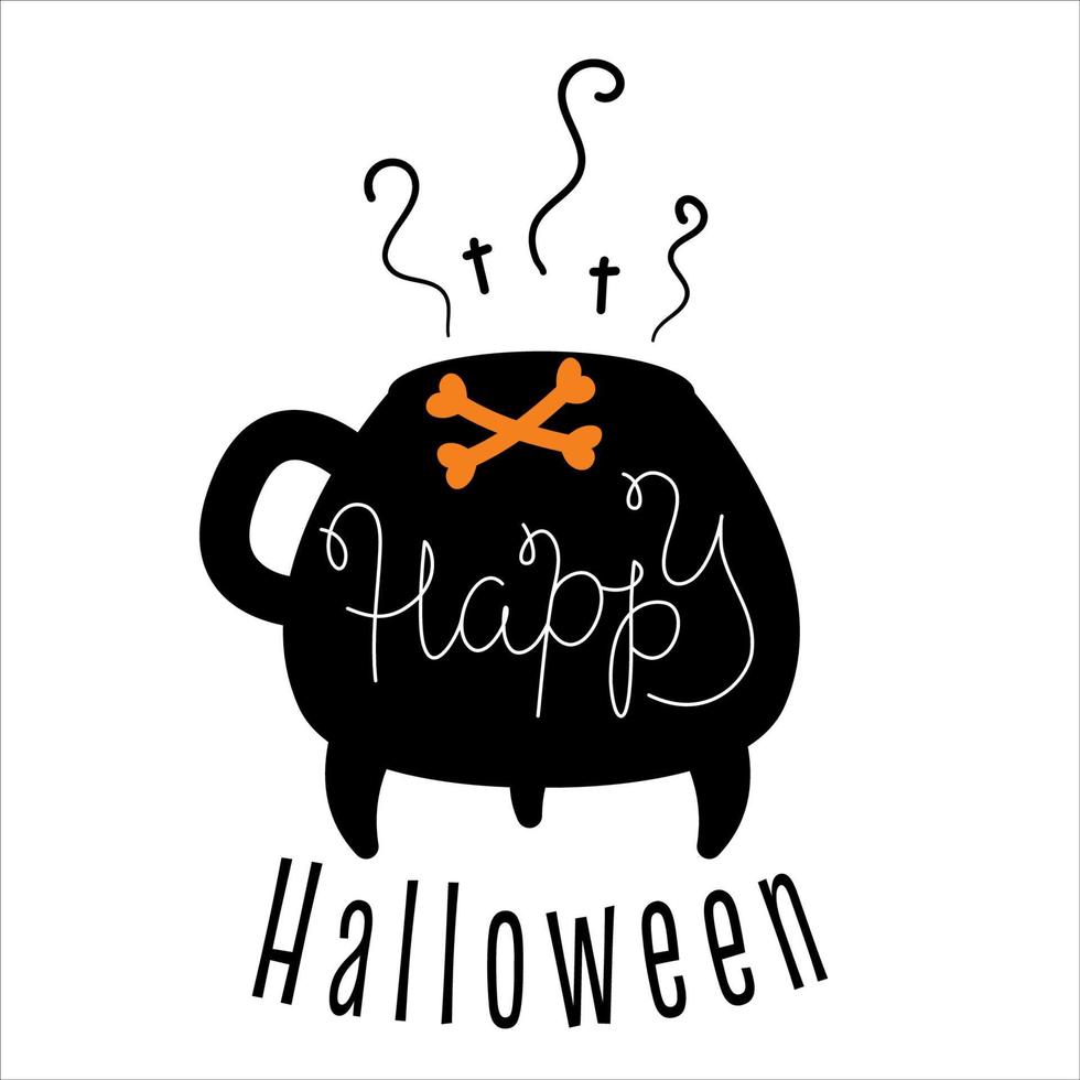 inscripción negra y naranja feliz halloween con un caldero de brujas. imprimir para recortar para la tradicional fiesta de Halloween. ilustración vectorial en un estilo sencillo. vector