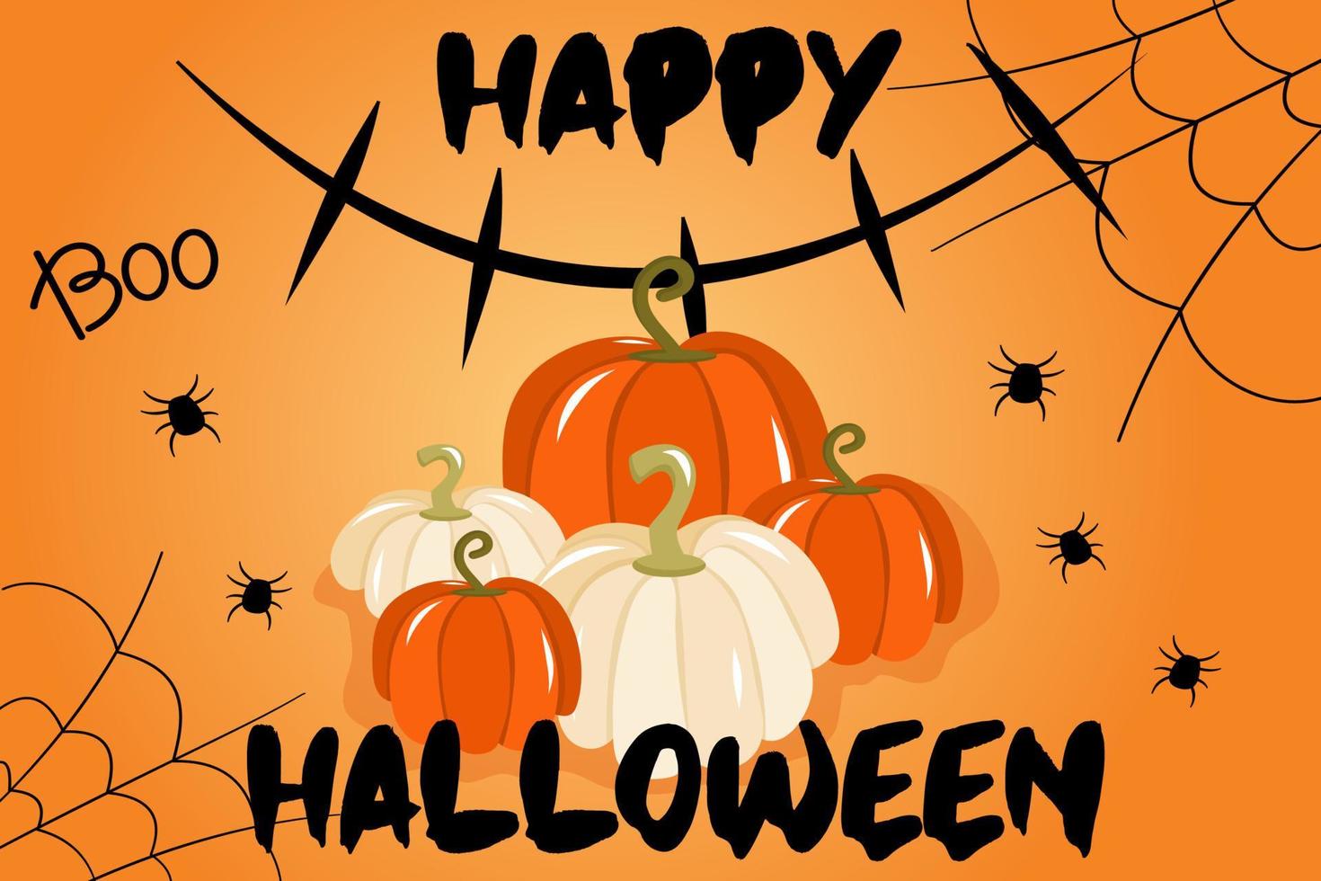 Vector illustration with banner for Halloween or invitation to party with cobwebs, pumpkins and a sinister mouth on an orange background. Happy Halloween test, a traditional autumn holiday.