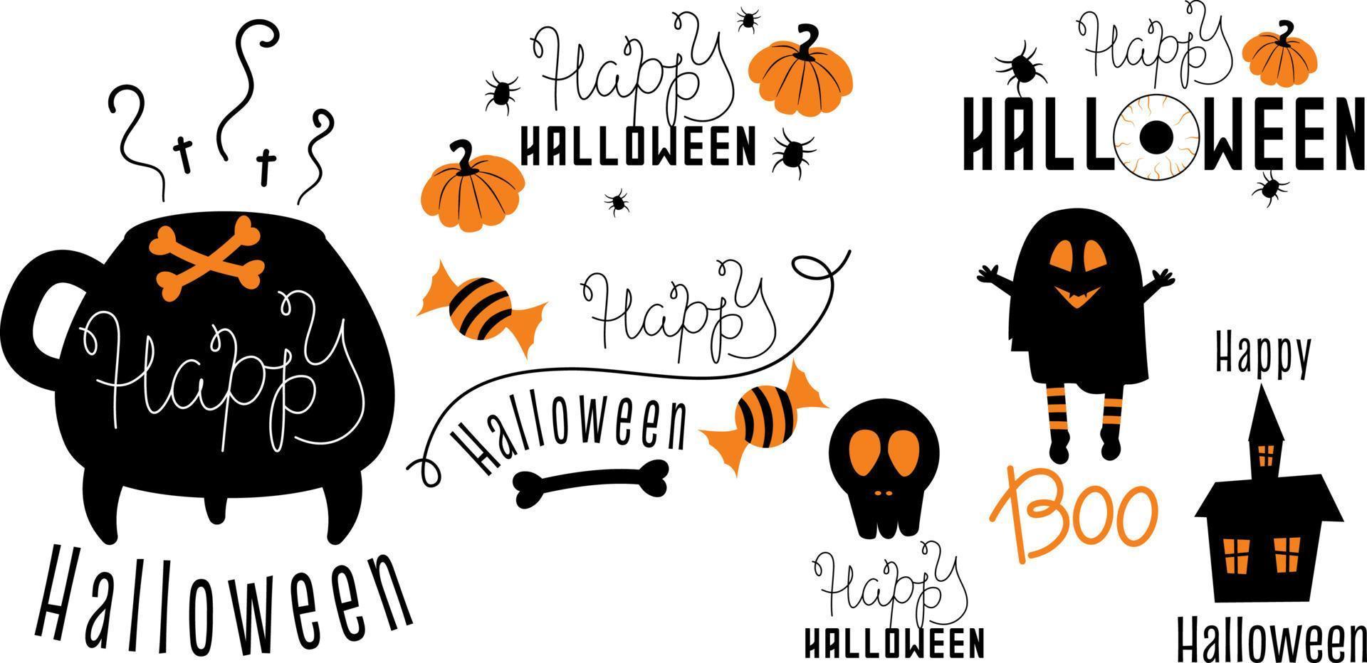 set negro y naranja para halloween. estampas para imprimir con texto, calabazas y arañas. ilustración vectorial en un estilo simple, siluetas negras decoración fiesta de halloween vector