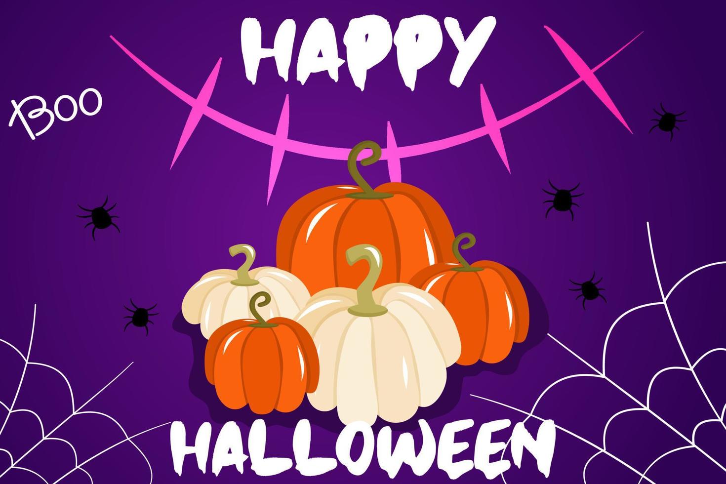 Vector illustration with a banner for Halloween or an invitation to a party with cobwebs, pumpkins and a sinister mouth on a purple background. Happy test for Halloween, a traditional autumn holiday.