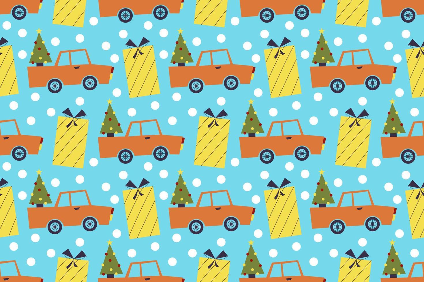 Seamless pattern for merry Christmas with car, Christmas tree in the trunk and gift box. Vector illustration in a flat style. Festive winter pattern with snowflakes.