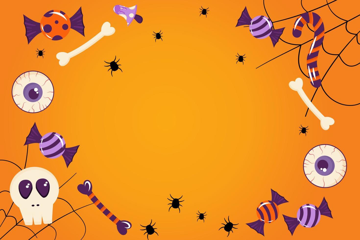 Banner for Halloween orange background with place for text. Spider web, candy, bones, eyes, cute holiday template postcard, invitation for the Halloween holiday. Vector illustration in cartoon style