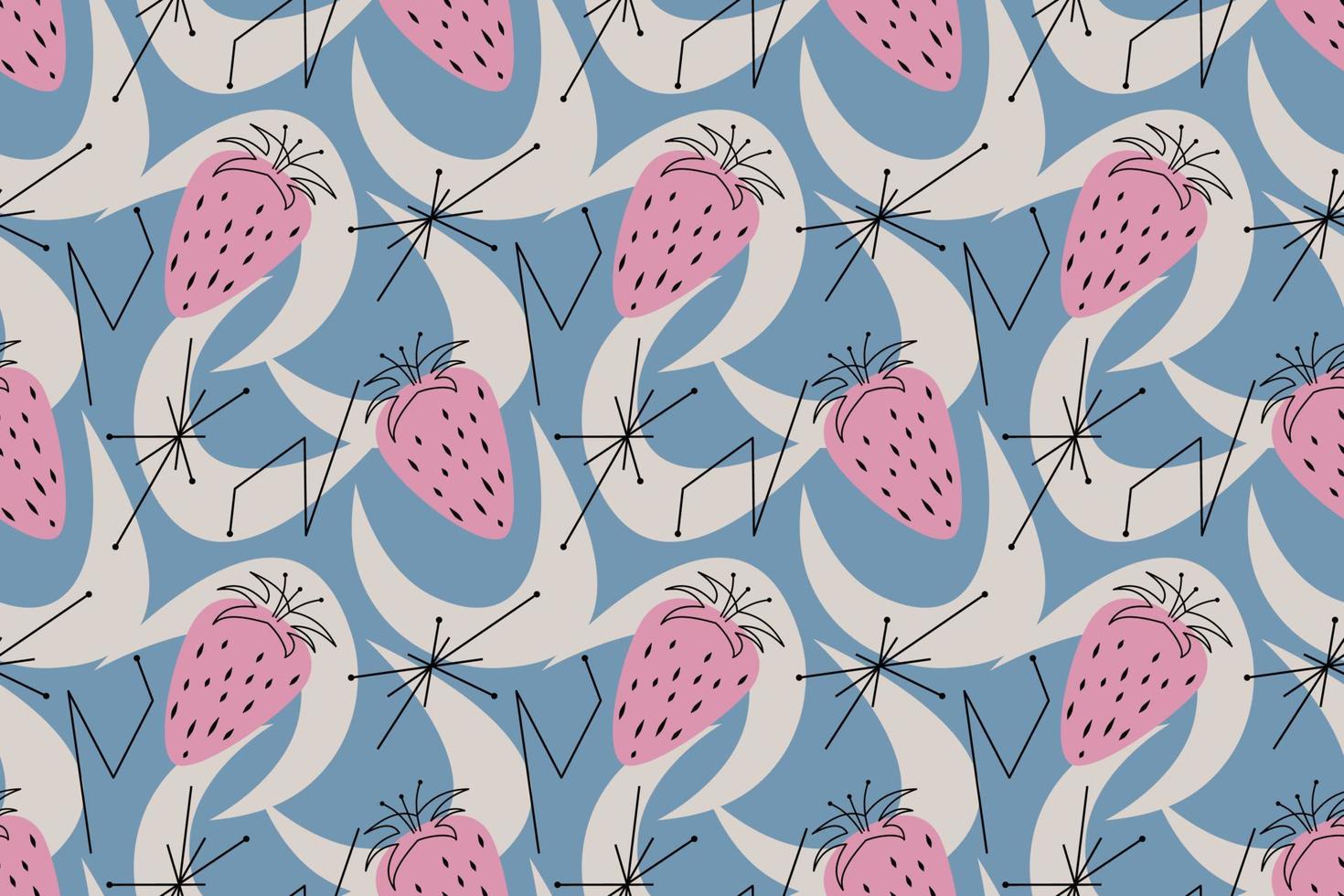 Geometric seamless pattern of Mid-Century Modern style design with abstraction and strawberries. Vector illustration in a simple. Pattern with abstractions and fruits in a retro vintage style