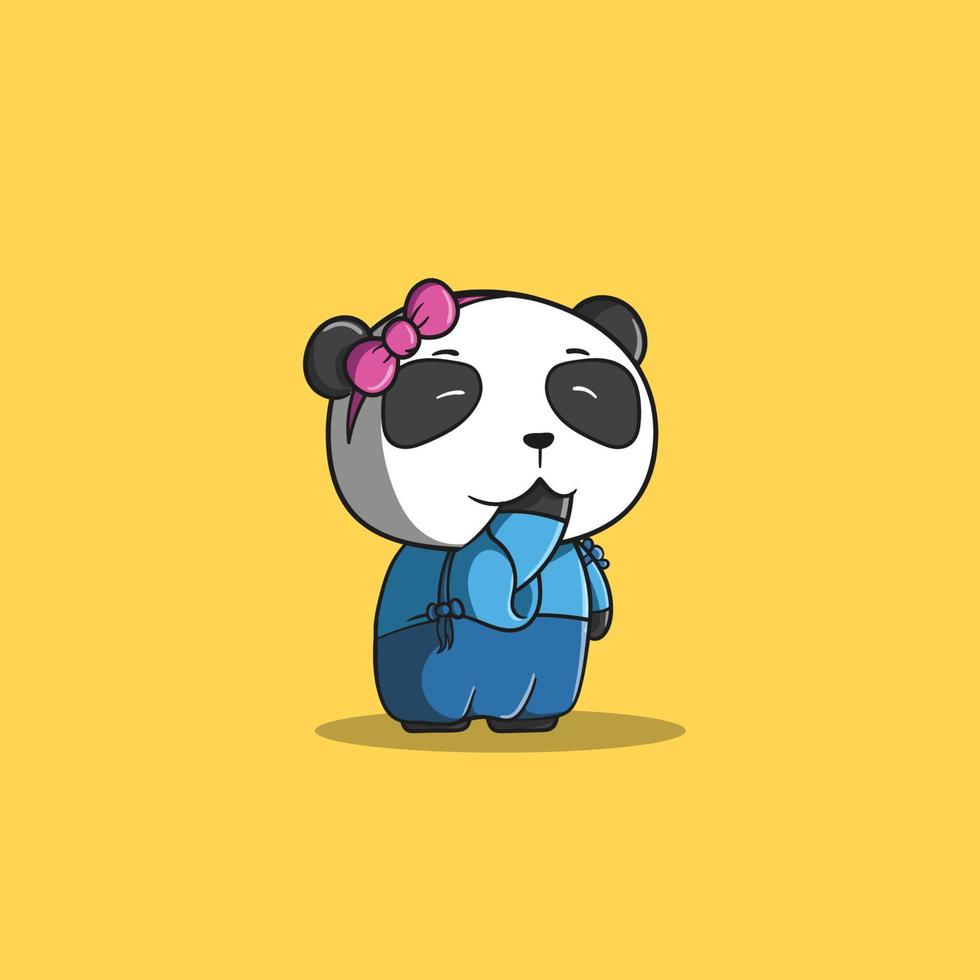 Ilustración infantil panda hembra con pose tímida que cubre el icono de vector de boca