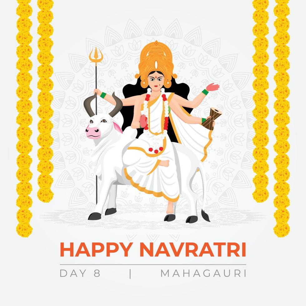 Happy Navratri wishes, concept art of Navratri, illustration of 9 avatars of goddess Durga, Mahagauri Devi vector