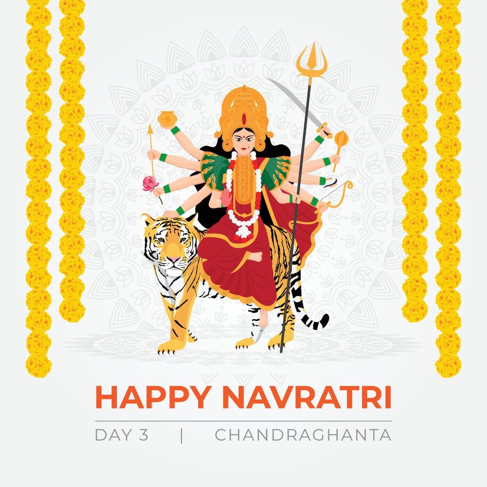 Happy Navratri wishes, concept art of Navratri, illustration of 9 avatars of goddess Durga, Chandraghanta Devi vector