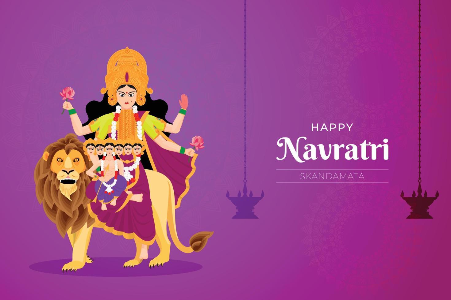 Happy Navratri wishes, concept art of Navratri, illustration of 9 avatars of goddess Durga, Skandamata Devi vector