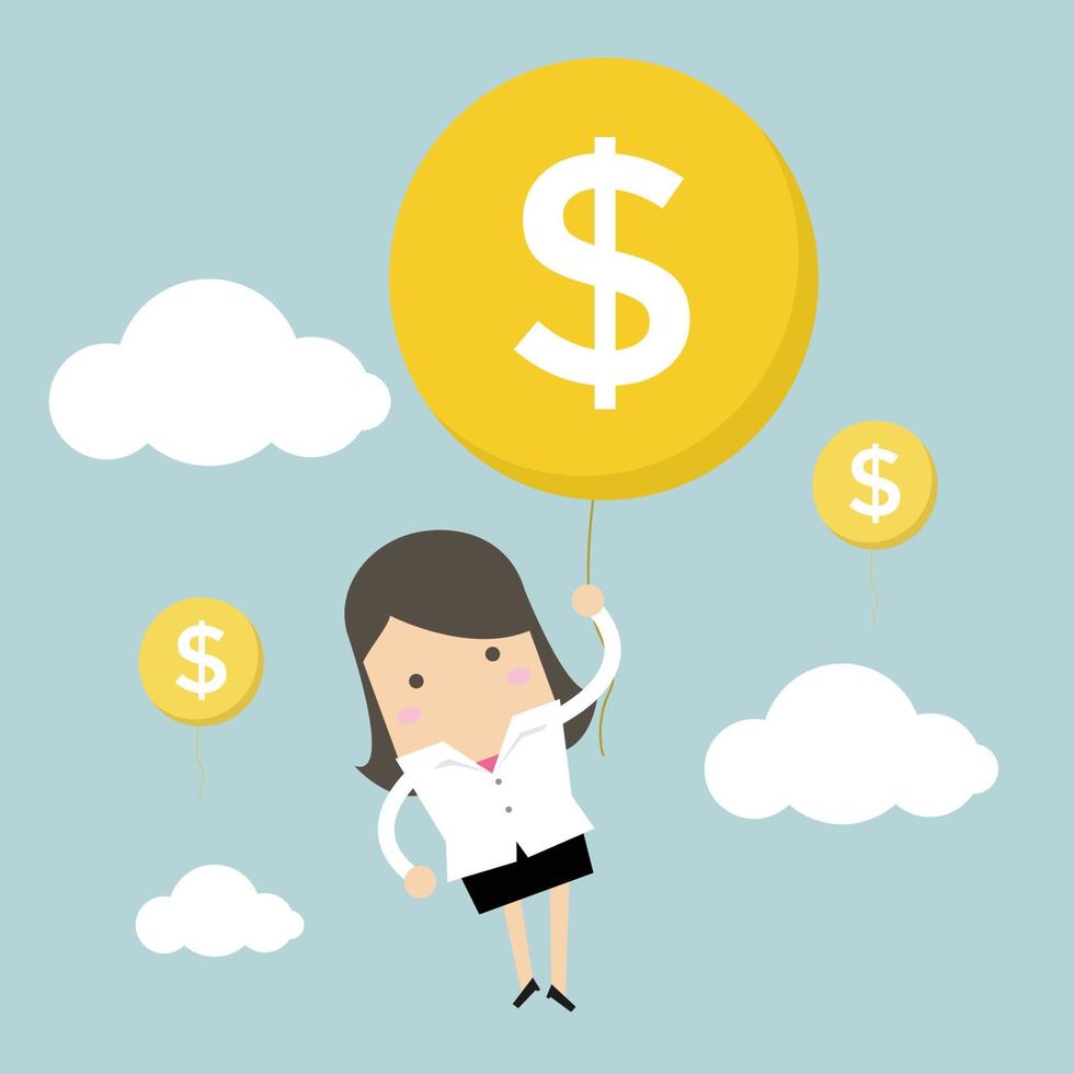 Businesswoman hanging money dollar sign balloon. vector