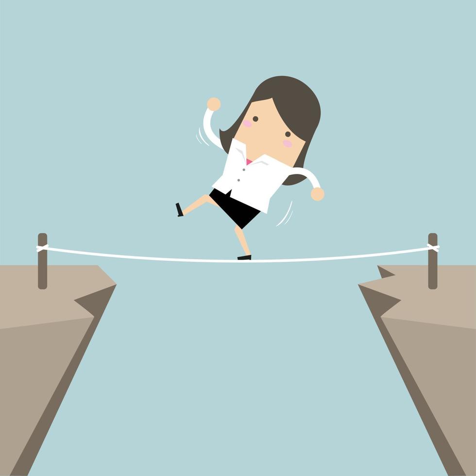 Businesswoman Walk Over Cliff Gap Mountain. Businesswoman Balancing Wooden Stick Bridge. vector