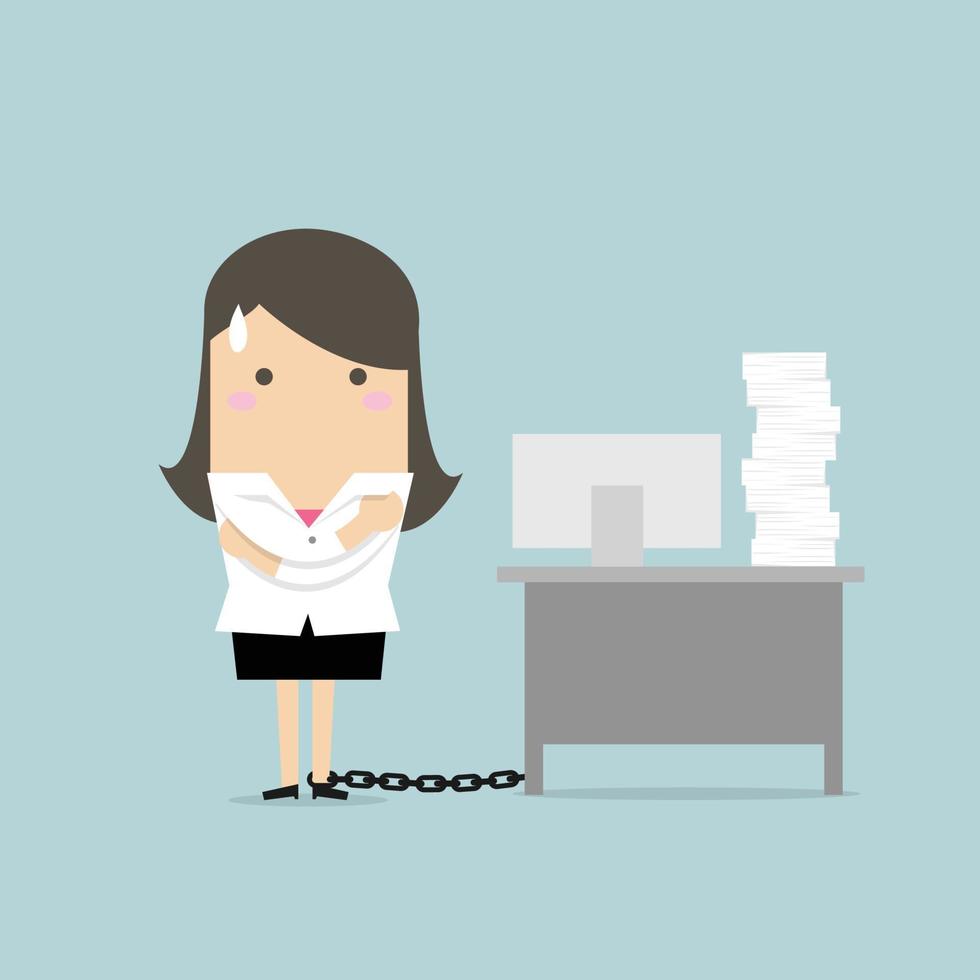 Businesswoman chained to the desk. vector