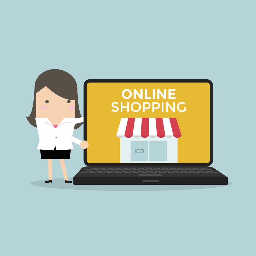 Businesswoman promote online shop in computer. vector