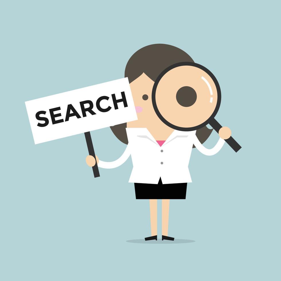 Businesswoman looking through a magnifying glass with Search Sign. vector