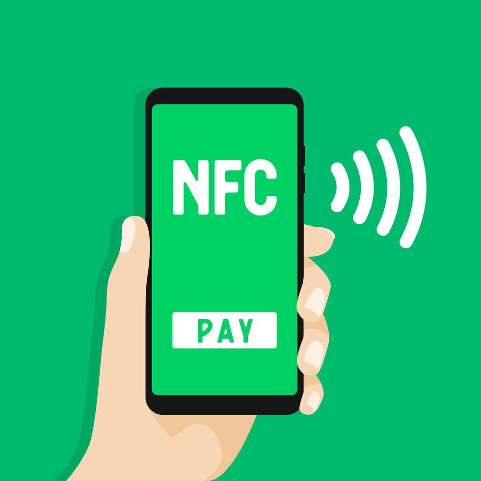 NFC Mobile payment. Hand holds smartphone with online banking and touch pay button. vector