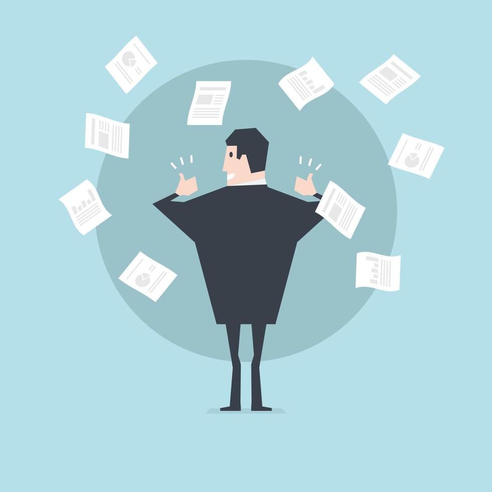 Businessman throws paper and thumbs up. Concept of success in the work. vector