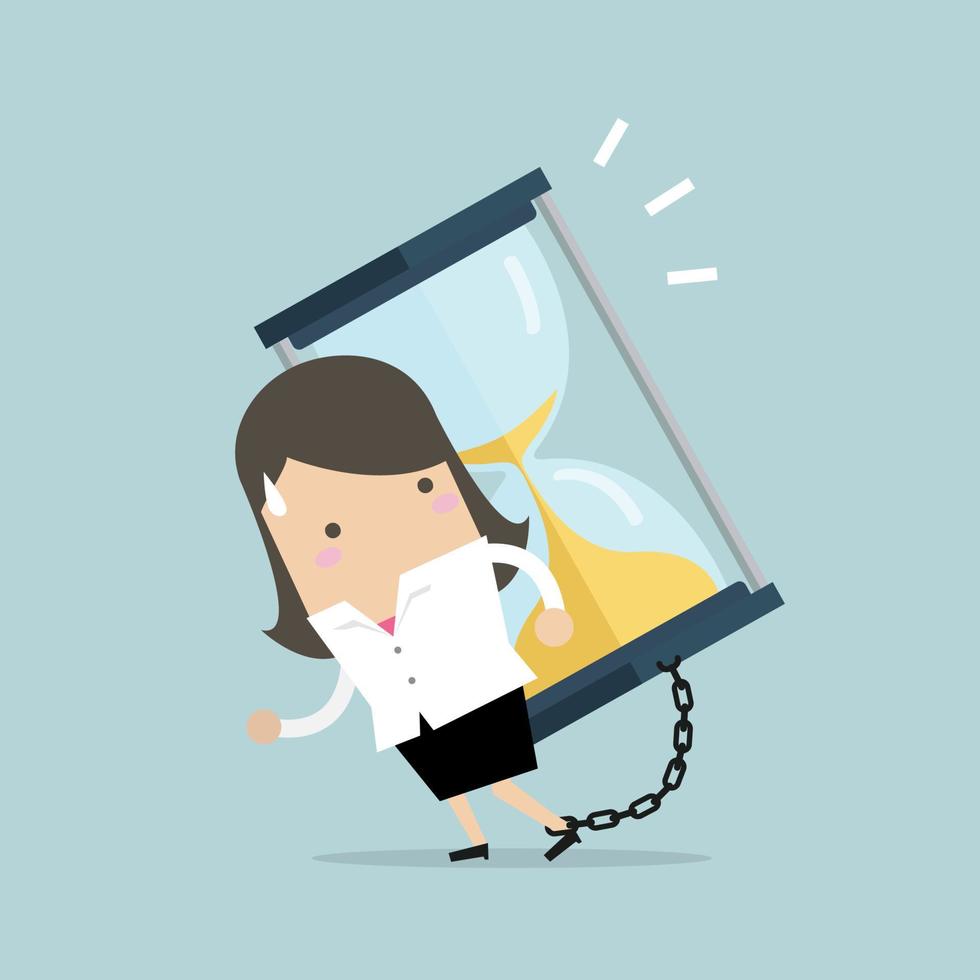 Businesswoman carrying huge sand hourglass on her back. vector