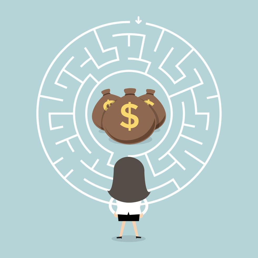 Businesswoman wanting to enter a money maze. vector