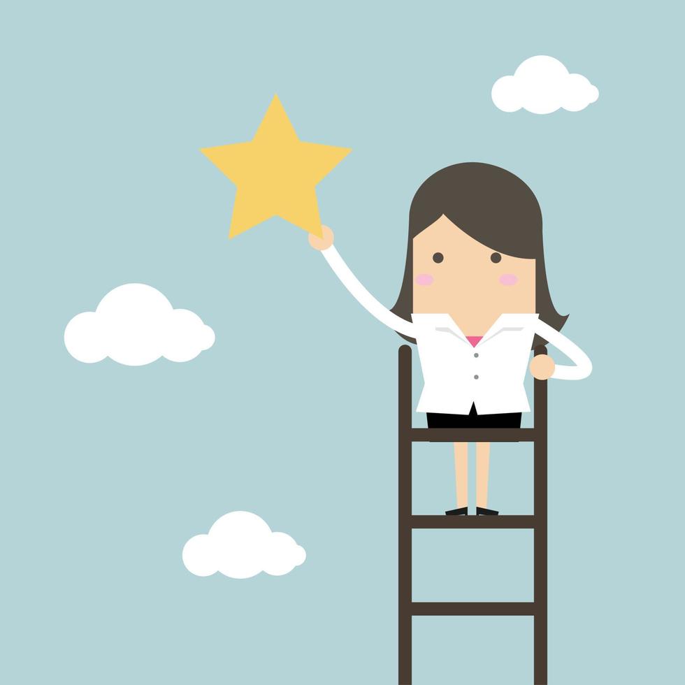 Businesswoman on a ladder grab star in the sky. vector