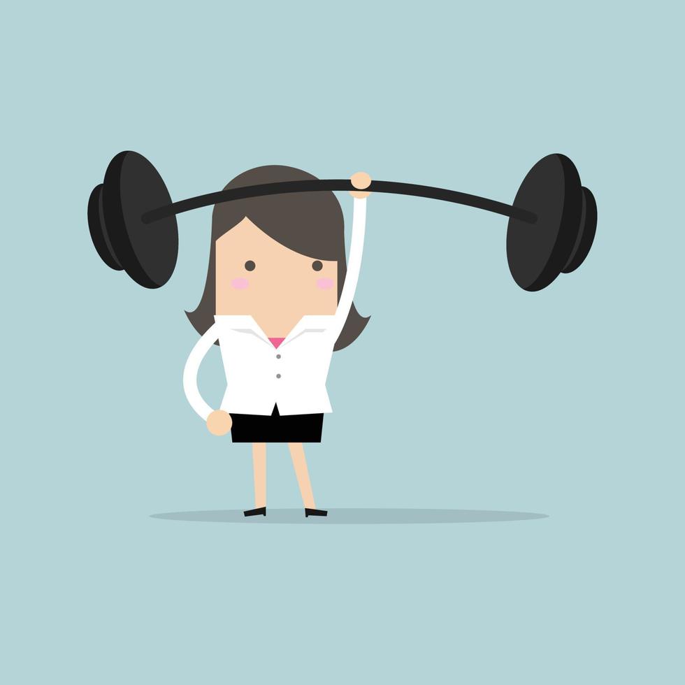 Businesswoman holding a heavy barbell with one hand. vector