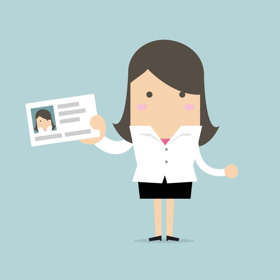 Businesswoman holding id card in flat style. vector