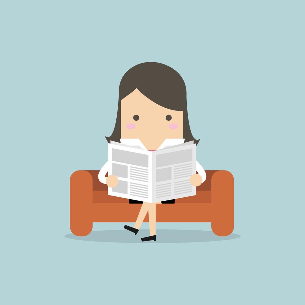 Businesswoman reading a newspaper on the sofa in room and office. vector