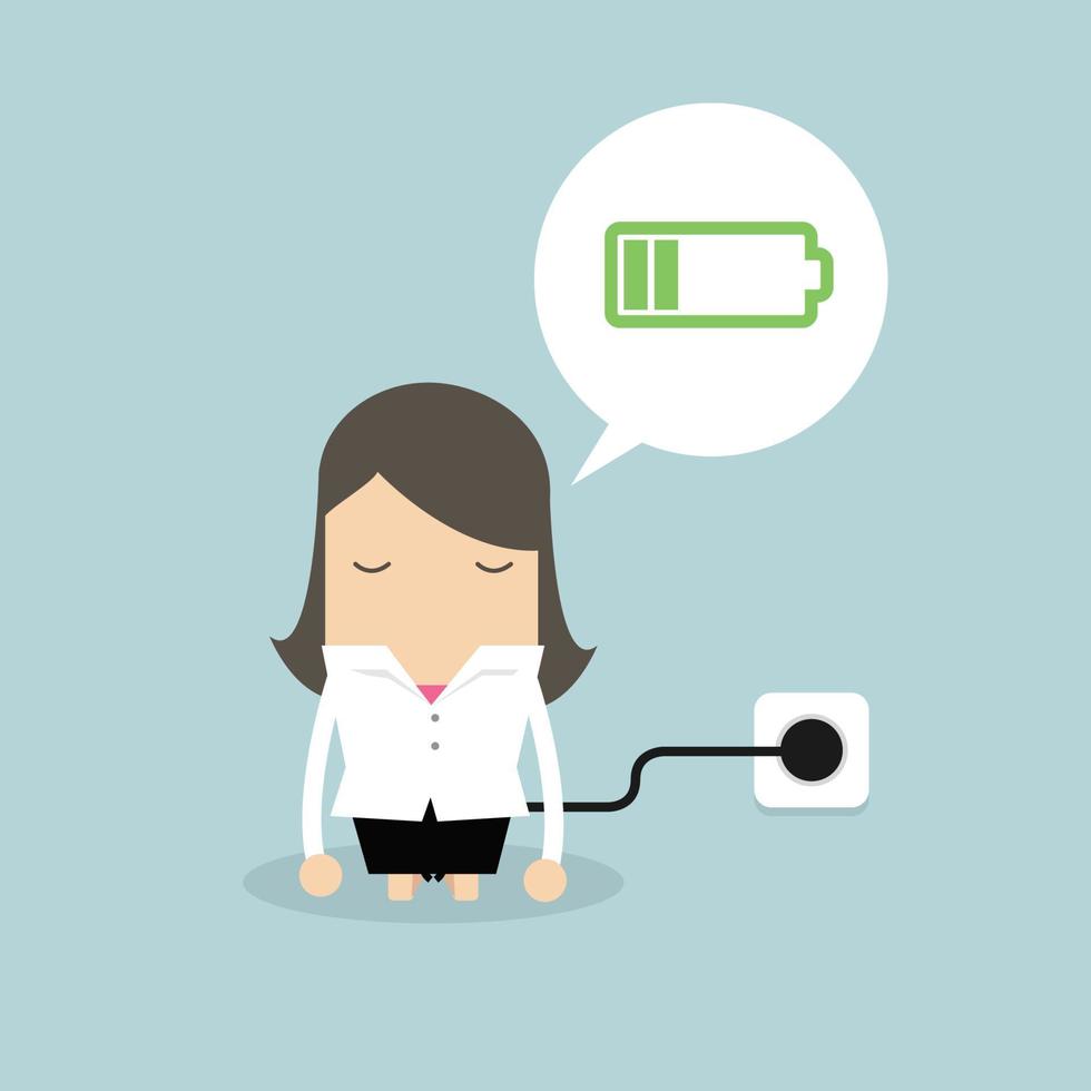 Businesswoman feeling tired and charging battery. vector