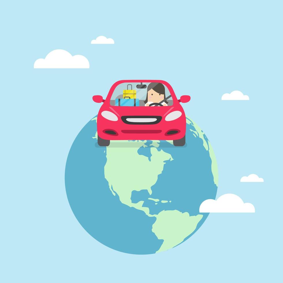 Businesswoman travel around the world by car. vector