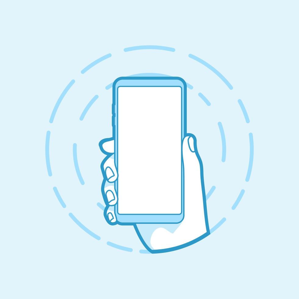 Hand holding smart phone on blue background. Vector illustration of flat bold line.