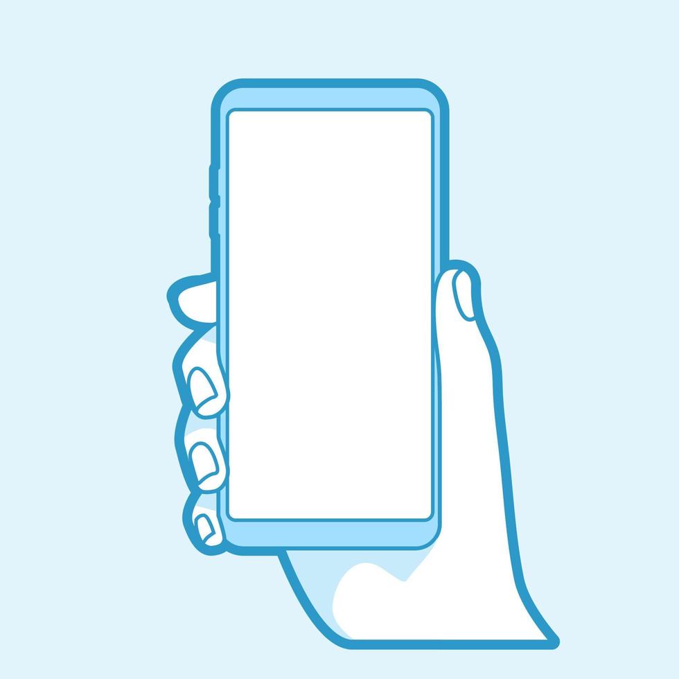 Hand holding smart phone on blue background. Vector illustration of flat bold line.