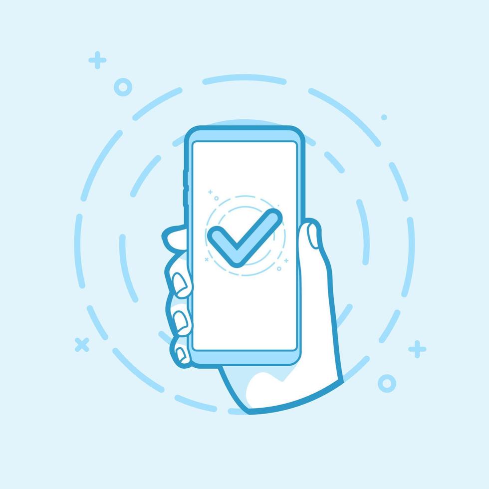 Checkmark on smartphone screen. Hand holding smartphone icon in line style. Use in Web Project and Applications. Outline object vector