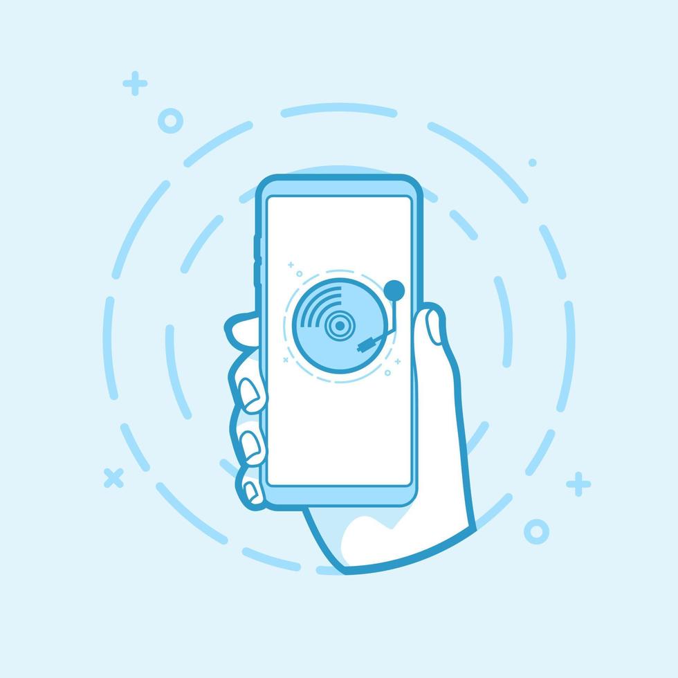 Hand holding smartphone with old record player icon. Vector illustration Outline object.