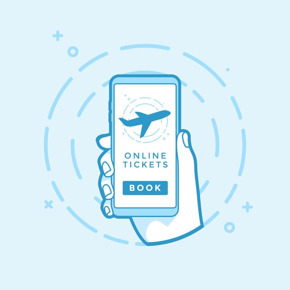 Online Book button and airplane icon on screen. Hand holding smartphone. Modern vector outline object.