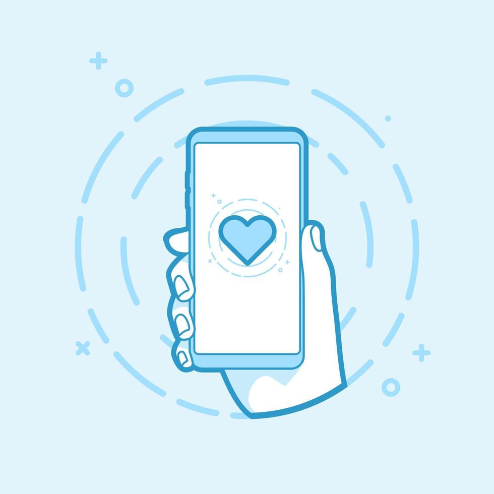 Heart shape icon on smartphone screen. Hand holding smartphone. Modern vector outline object.