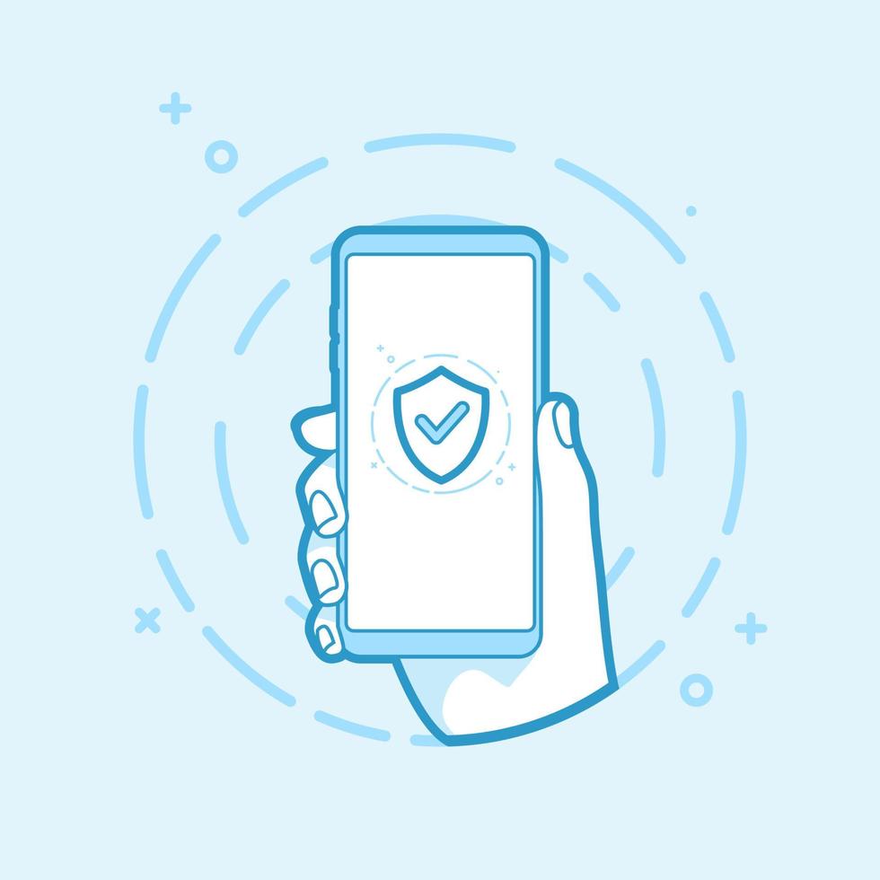 Shield icon on smartphone screen. Hand holding smartphone. Modern vector outline object.