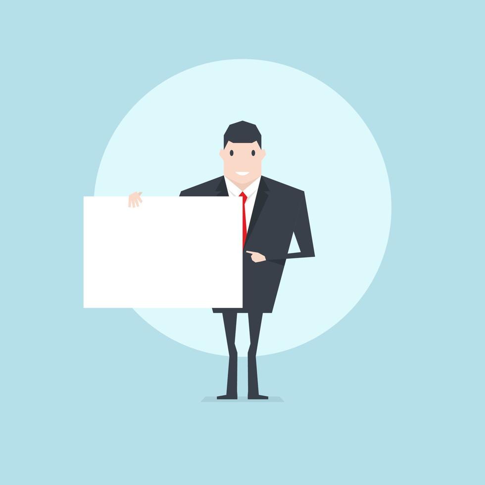 The businessman holding a blank sheet and pointing by index finger. vector